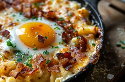 A top-down view of mac & cheese in an oven-proof skillet with crispy bacon bits and soft-baked eggs on a dark wooden surface.