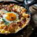 A top-down view of mac & cheese in an oven-proof skillet with crispy bacon bits and soft-baked eggs on a dark wooden surface.