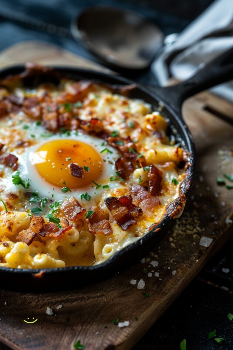 A top-down view of mac & cheese in an oven-proof skillet with crispy bacon bits and soft-baked eggs on a dark wooden surface.