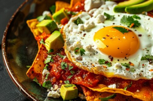 Top-down view of chilaquiles with red salsa, a sunny side up egg, avocado slices, and crumbled queso fresco on a dark wooden surface.