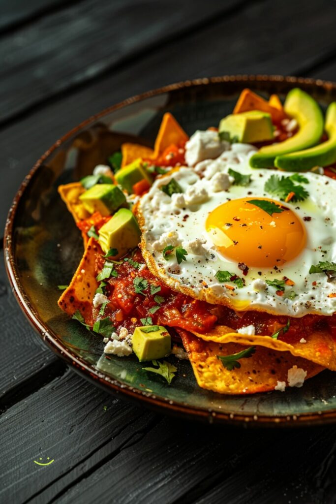 Top-down view of chilaquiles with red salsa, a sunny side up egg, avocado slices, and crumbled queso fresco on a dark wooden surface.