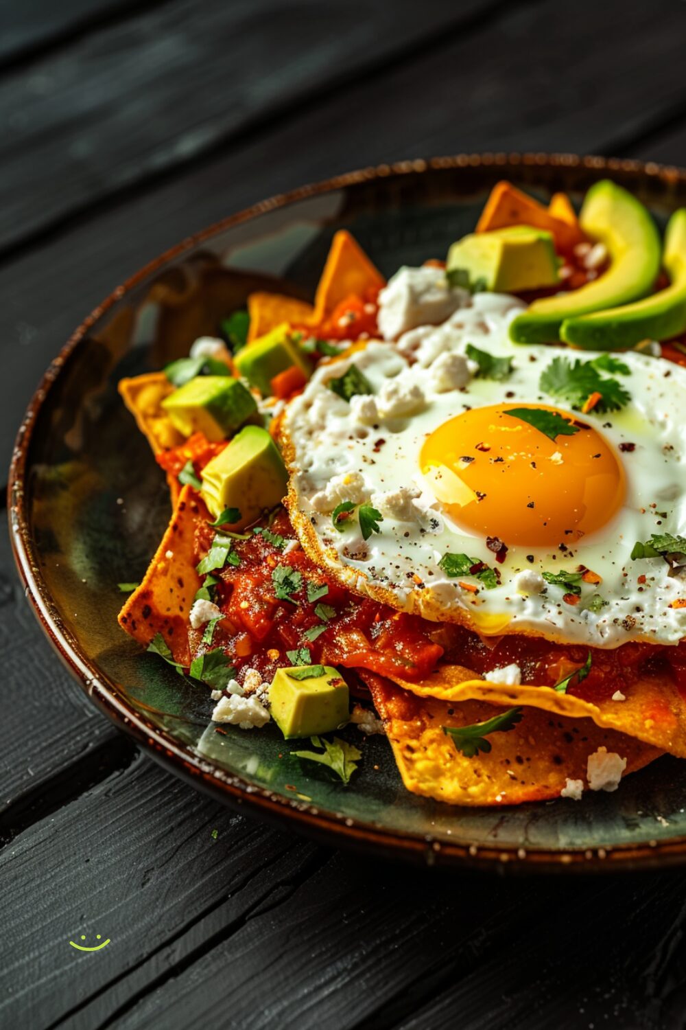 Top-down view of chilaquiles with red salsa, a sunny side up egg, avocado slices, and crumbled queso fresco on a dark wooden surface.