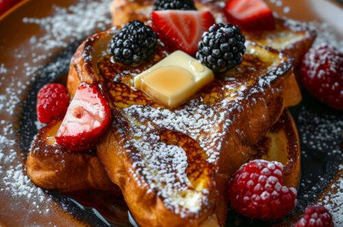 Top-down view of brioche French toast topped with butter, syrup, and fresh fruit on an orange plate.