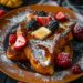 Top-down view of brioche French toast topped with butter, syrup, and fresh fruit on an orange plate.