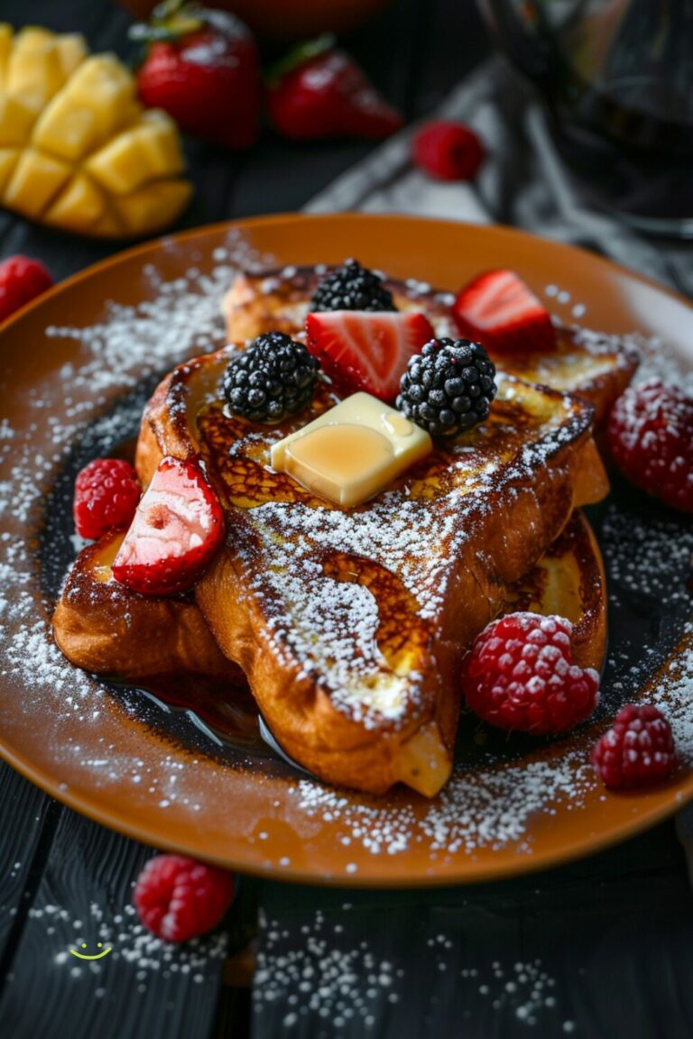 Top-down view of brioche French toast topped with butter, syrup, and fresh fruit on an orange plate.