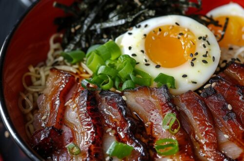 A bowl of Bacon and Egg Breakfast Ramen with thick noodles, crispy pork belly slices, a poached egg, seaweed strips, sliced green onions, katsuobushi, and toasted black sesame seeds, served in a red bowl on a dark textured surface.