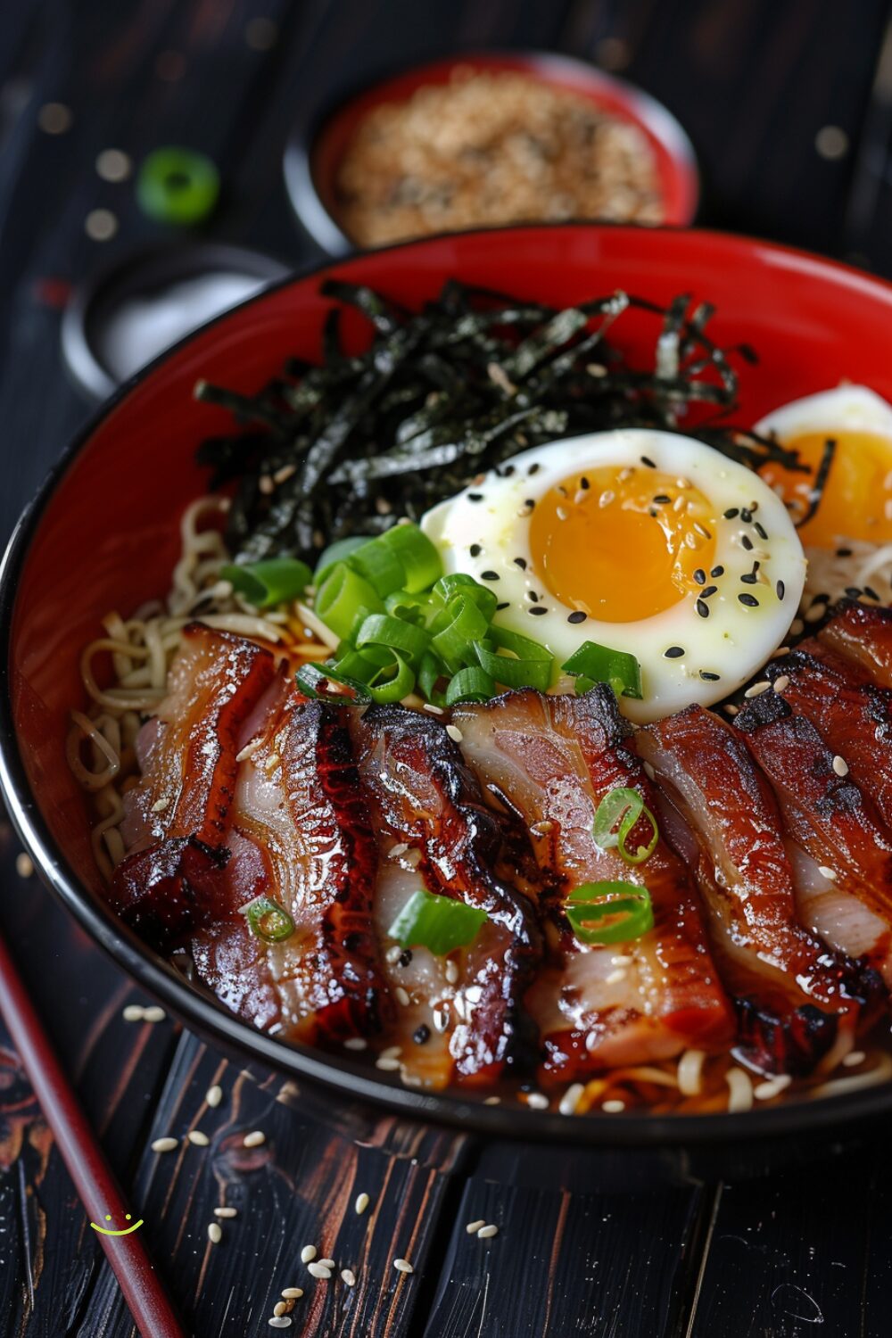 A bowl of Bacon and Egg Breakfast Ramen with thick noodles, crispy pork belly slices, a poached egg, seaweed strips, sliced green onions, katsuobushi, and toasted black sesame seeds, served in a red bowl on a dark textured surface.