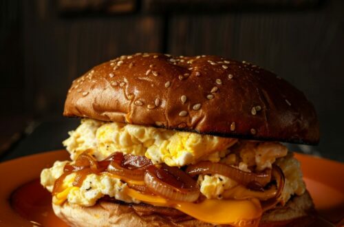 A Fairfax Breakfast Sandwich with toasted brioche bun, soft scrambled eggs, melted American cheese, caramelized onions, and sriracha mayo, served on a red plate on a dark textured surface.