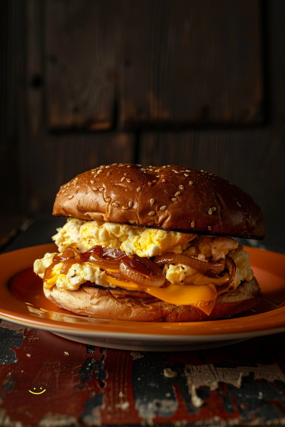 A Fairfax Breakfast Sandwich with toasted brioche bun, soft scrambled eggs, melted American cheese, caramelized onions, and sriracha mayo, served on a red plate on a dark textured surface.