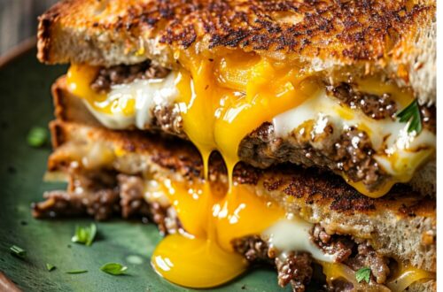 A close-up of a cheeseburger and egg grilled cheese sandwich cut in half, revealing melted cheese and juicy beef patties, on a red plate.