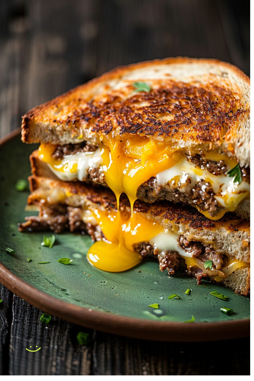 A close-up of a cheeseburger and egg grilled cheese sandwich cut in half, revealing melted cheese and juicy beef patties, on a red plate.