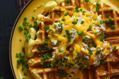 A yellow plate with a cheddar scallion waffle topped with melty cheddar cheese, tuna salad, and sliced green onions on a dark, black wooden texture surface.