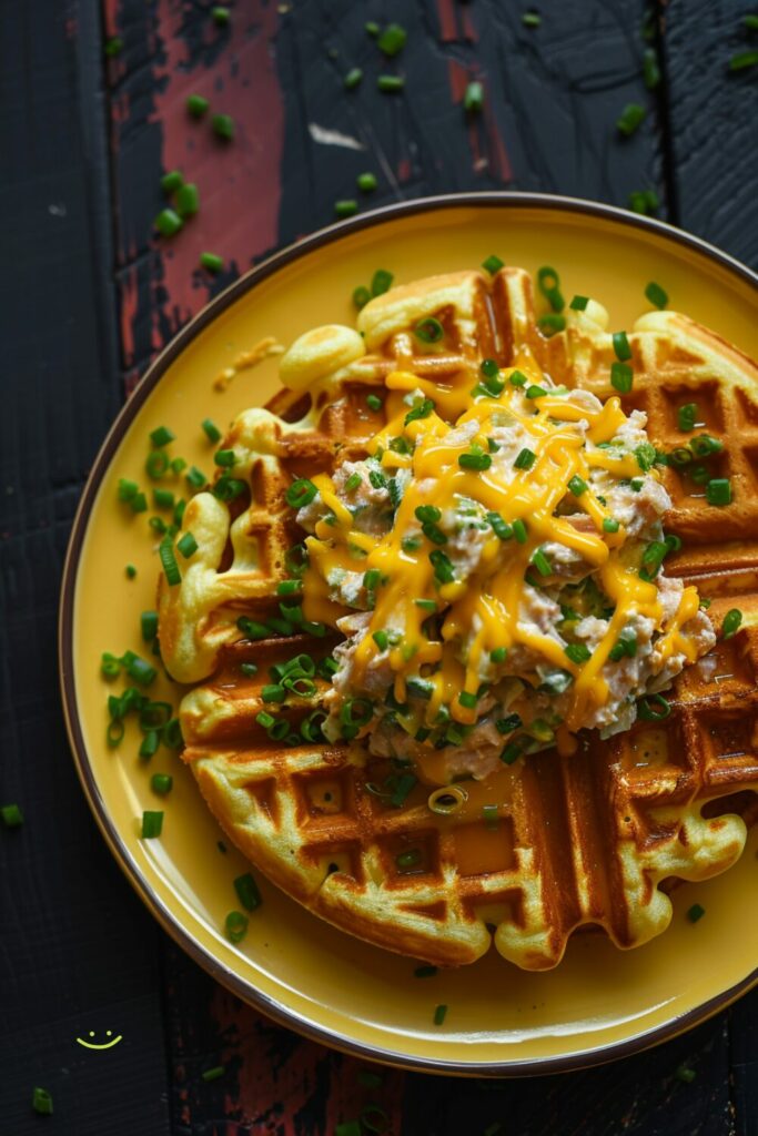 A yellow plate with a cheddar scallion waffle topped with melty cheddar cheese, tuna salad, and sliced green onions on a dark, black wooden texture surface.