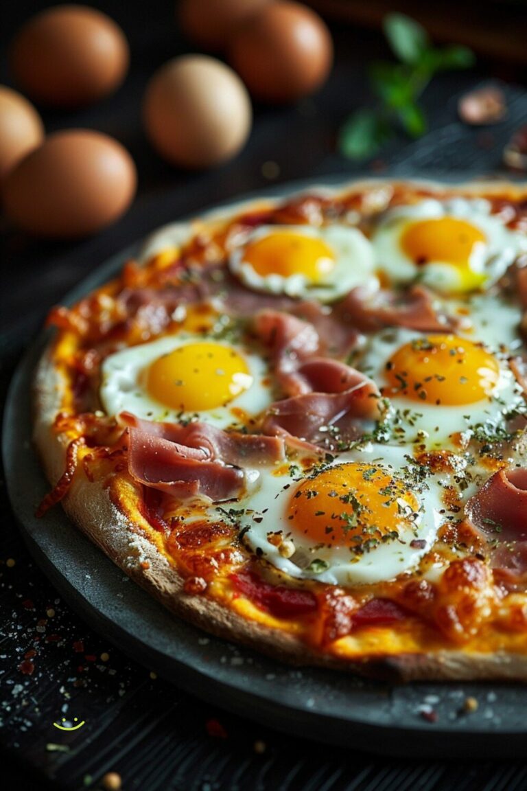 Top-down view of breakfast pizza with ham and mini sunny side up quail eggs on a red plate, on a dark wooden surface.