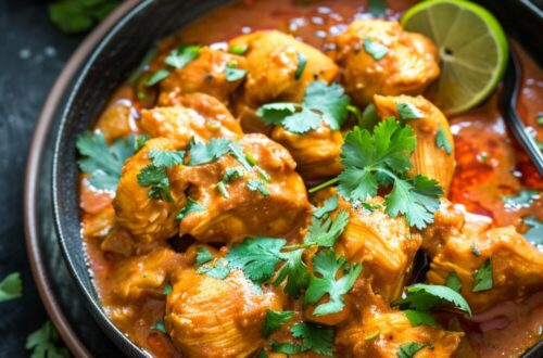 Top-down view of a bowl of coconut chicken curry on a black plate, set on a dark, black wooden texture surface. The curry is vibrant with golden chicken pieces, rich coconut sauce, and garnished with fresh cilantro and lime wedges.