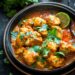 Top-down view of a bowl of coconut chicken curry on a black plate, set on a dark, black wooden texture surface. The curry is vibrant with golden chicken pieces, rich coconut sauce, and garnished with fresh cilantro and lime wedges.