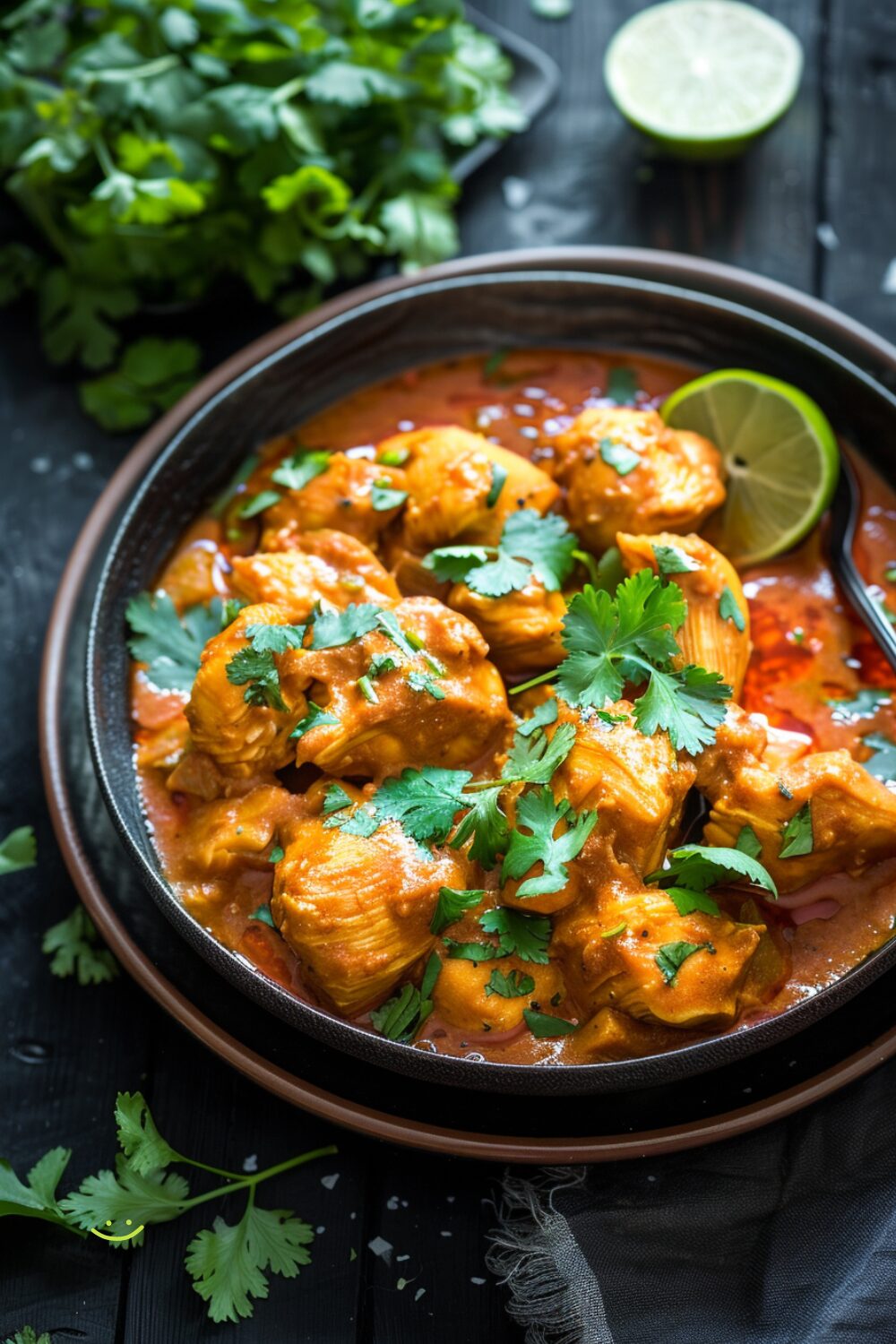 Top-down view of a bowl of coconut chicken curry on a black plate, set on a dark, black wooden texture surface. The curry is vibrant with golden chicken pieces, rich coconut sauce, and garnished with fresh cilantro and lime wedges.