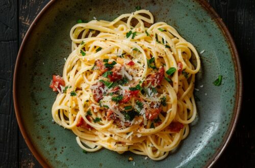 Top-down view of a Porchetta Carbonara dish on a red plate, showcasing creamy pasta with crispy bits of porchetta.