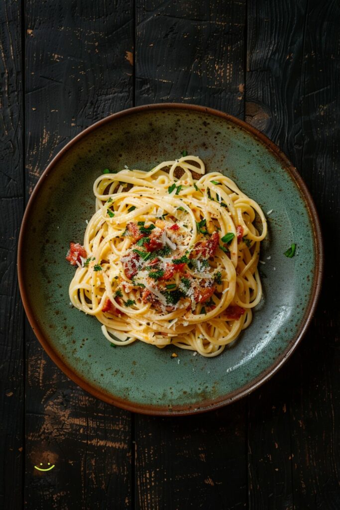 Top-down view of a Porchetta Carbonara dish on a red plate, showcasing creamy pasta with crispy bits of porchetta.