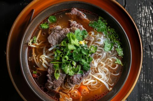 Top-down view of a bowl of pho on a blue plate, showcasing the rich broth, noodles, thinly sliced sirloin, fresh herbs, and lime wedges, all set on a dark, black wooden texture surface.