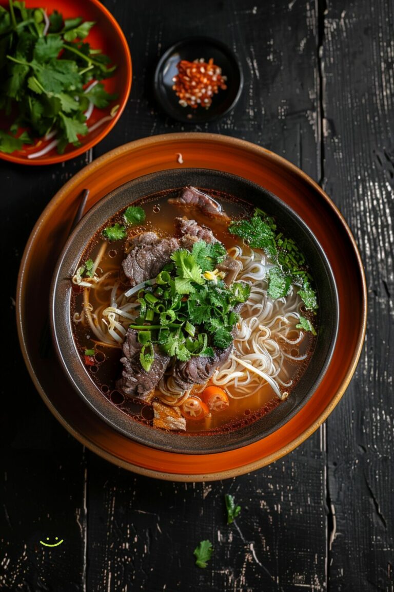 Top-down view of a bowl of pho on a blue plate, showcasing the rich broth, noodles, thinly sliced sirloin, fresh herbs, and lime wedges, all set on a dark, black wooden texture surface.