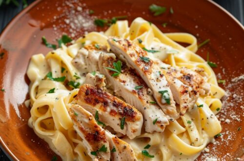 Top-down view of a creamy chicken Alfredo dish on a white plate, set against a dark, black wooden texture surface.