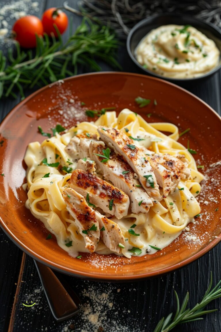 Top-down view of a creamy chicken Alfredo dish on a white plate, set against a dark, black wooden texture surface.