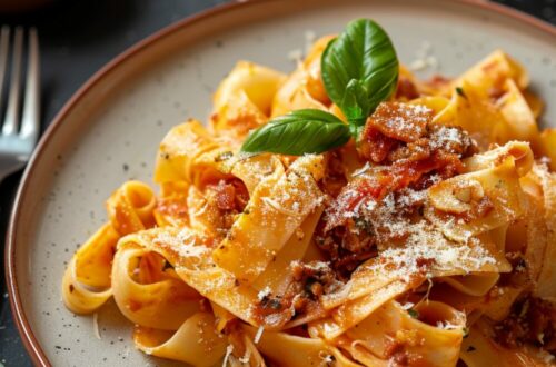 A top-down view of pappardelle with prosciutto ragu on a white plate, placed on a dark, black wooden surface. The pasta is wide and flat, perfectly capturing the rich, savory ragu sauce.