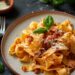 A top-down view of pappardelle with prosciutto ragu on a white plate, placed on a dark, black wooden surface. The pasta is wide and flat, perfectly capturing the rich, savory ragu sauce.