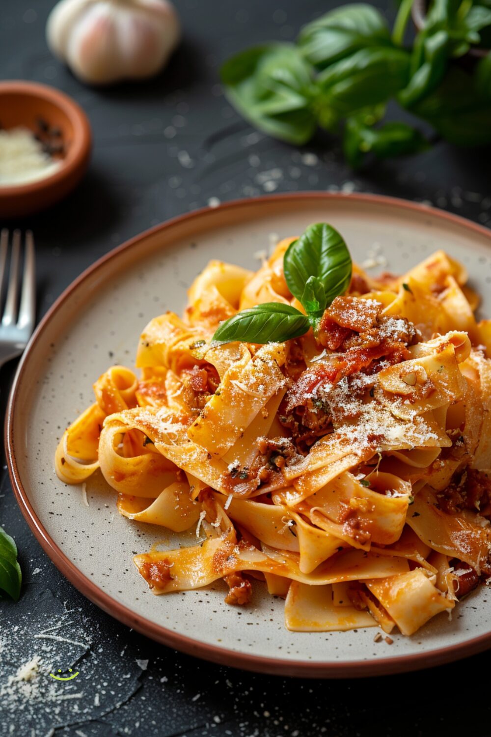 A top-down view of pappardelle with prosciutto ragu on a white plate, placed on a dark, black wooden surface. The pasta is wide and flat, perfectly capturing the rich, savory ragu sauce.