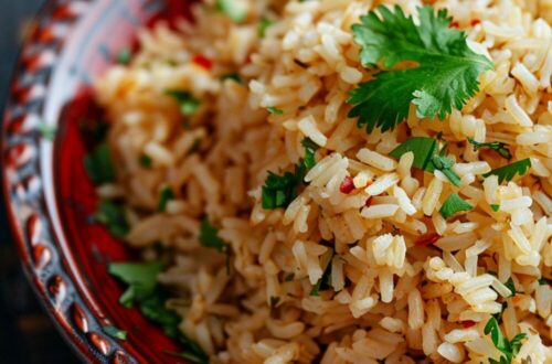 A top-down view of a bowl of Mexican rice on a red plate, displayed on a dark, black wooden texture surface.