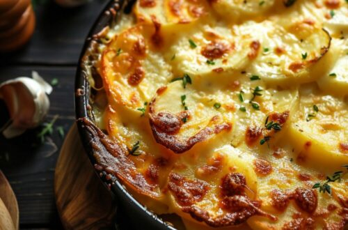 Top-down view of a baking dish filled with golden brown, cheesy scalloped potatoes on a dark, black wooden surface