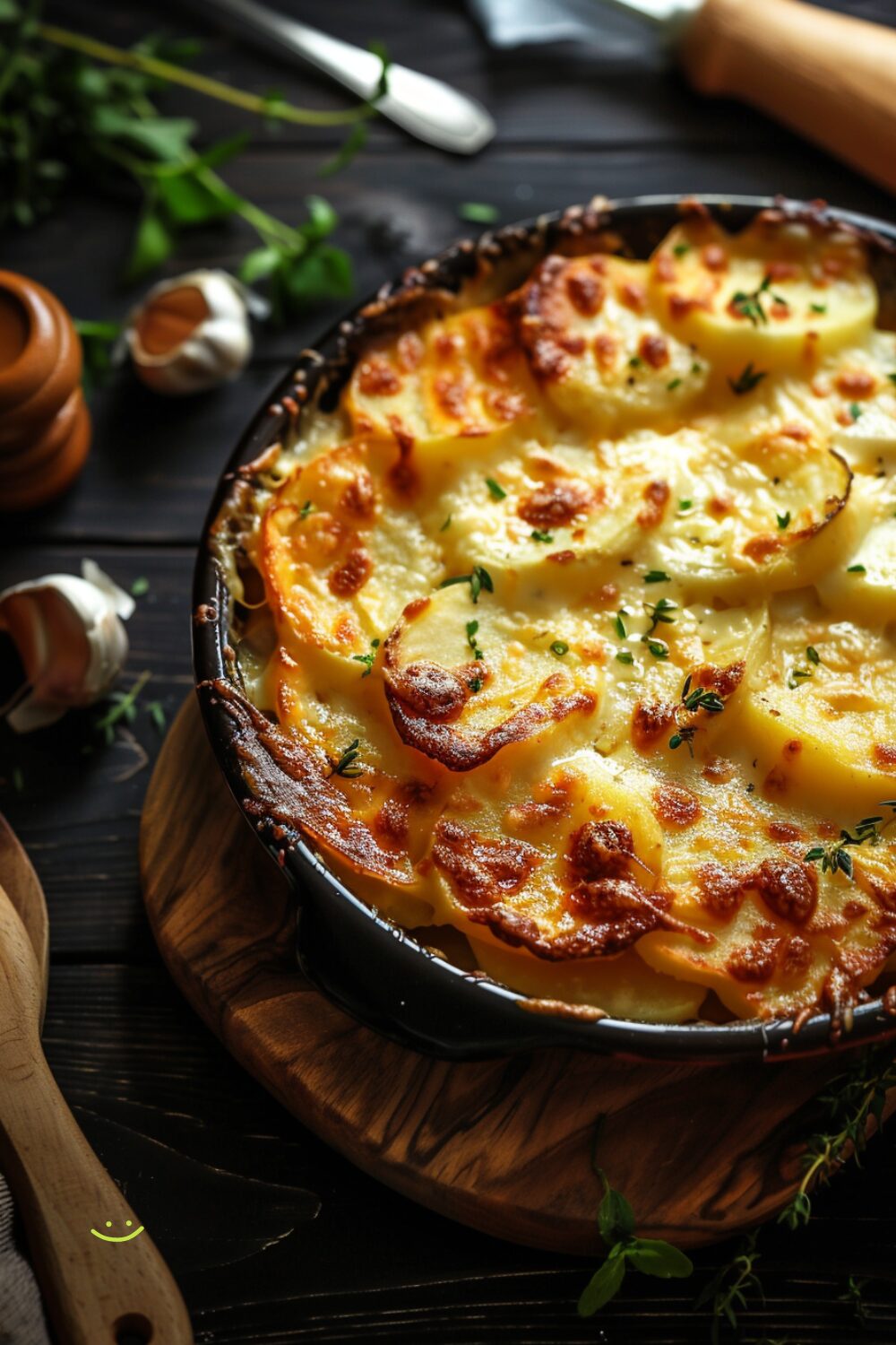 Top-down view of a baking dish filled with golden brown, cheesy scalloped potatoes on a dark, black wooden surface