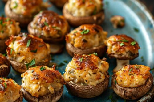 Top-down view of Umami Bomb Stuffed Mushrooms on a blue plate, showcasing their golden tops and finely chopped parsley garnish.