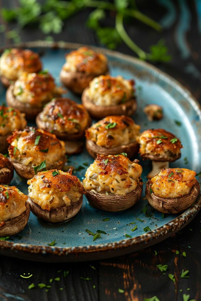 Top-down view of Umami Bomb Stuffed Mushrooms on a blue plate, showcasing their golden tops and finely chopped parsley garnish.