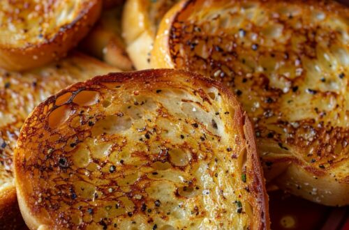 Top-down view of perfectly crispy Texas toast on a blue plate, set against a dark, black wooden background.