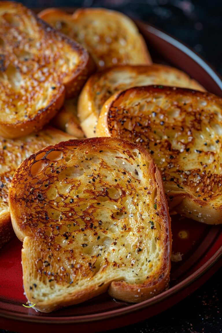 Top-down view of perfectly crispy Texas toast on a blue plate, set against a dark, black wooden background.