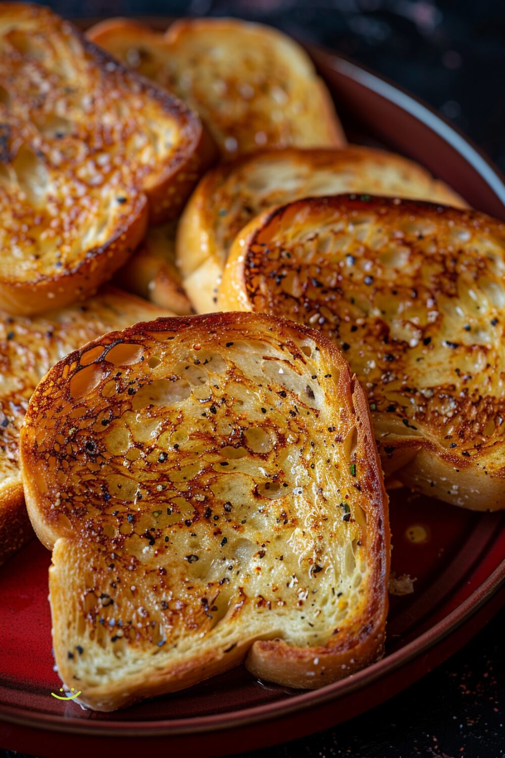 Top-down view of perfectly crispy Texas toast on a blue plate, set against a dark, black wooden background.