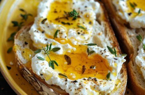 A yellow plate of ricotta toast topped with honey and thyme on a dark wooden surface.