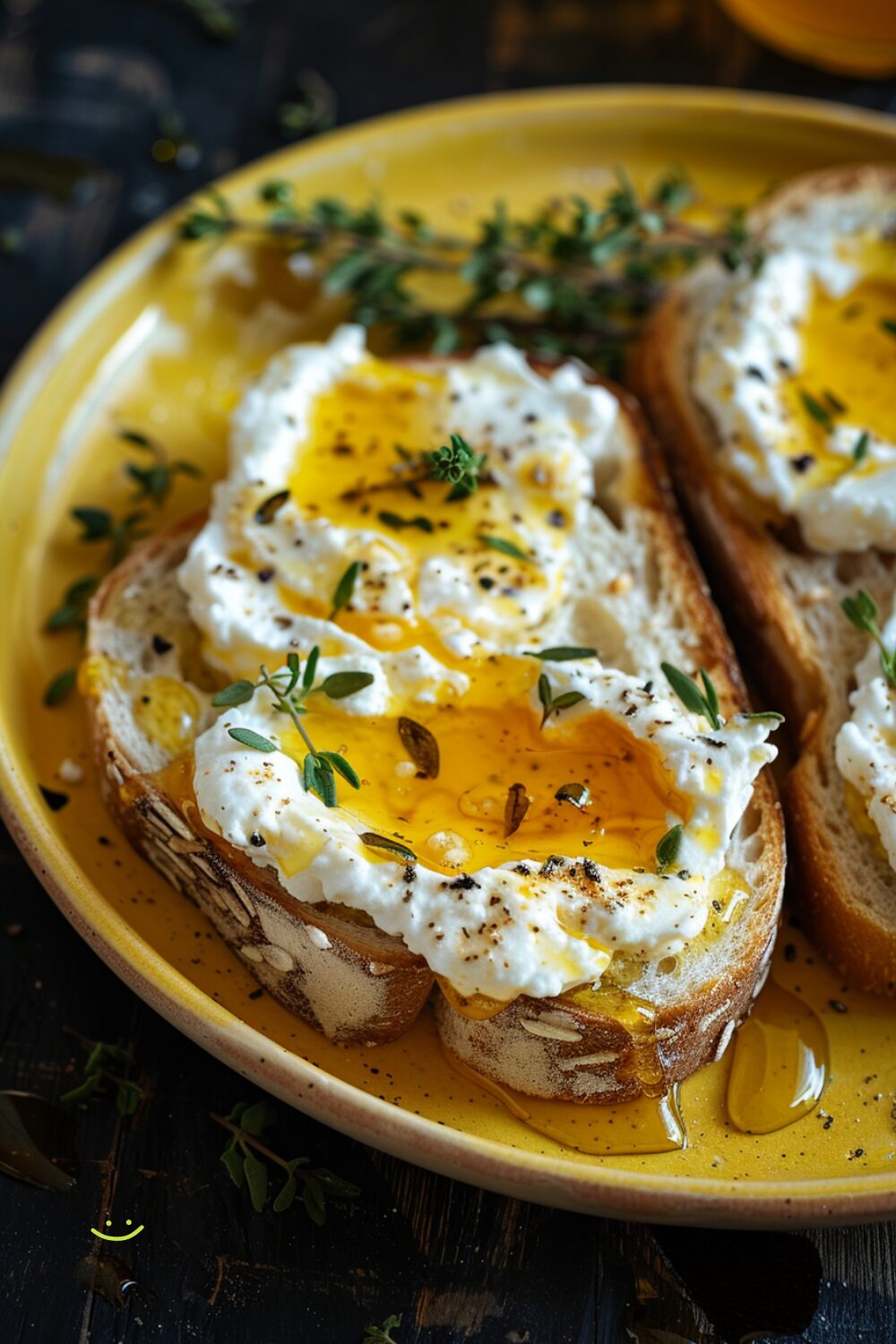 A yellow plate of ricotta toast topped with honey and thyme on a dark wooden surface.