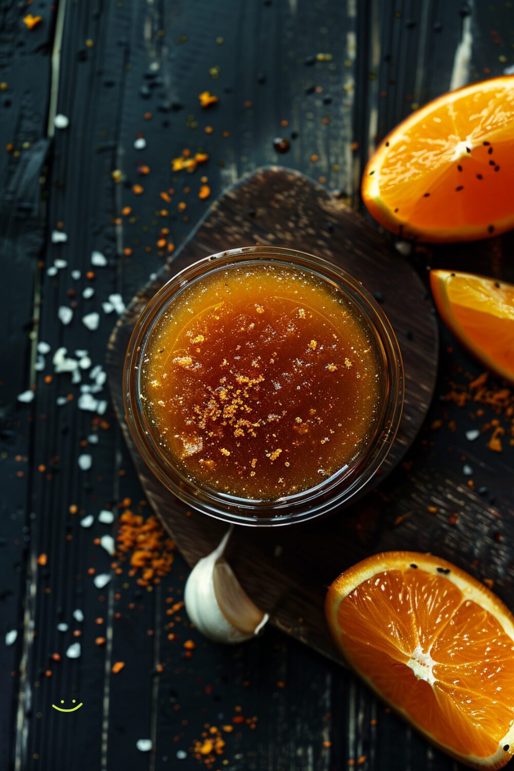 Ultra-detailed imagery, 8K photo quality. The background should be a dark, black wooden texture surface, with a top-down view of Tangy Orange Glaze in a glass bowl. Use a Nikon D850 camera with a 105mm f/2.8G Macro lens for a nice bokeh effect, studio light, high contrast.