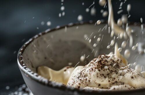 Close-up shot of a mixing bowl with sour cream and spices being stirred on a dark, black wooden texture surface.