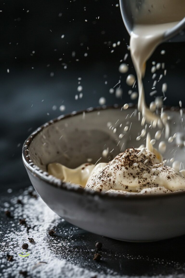 Close-up shot of a mixing bowl with sour cream and spices being stirred on a dark, black wooden texture surface.