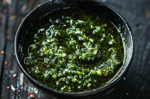 Top-down view of a bowl of green chile sauce on a dark, black wooden texture surface.