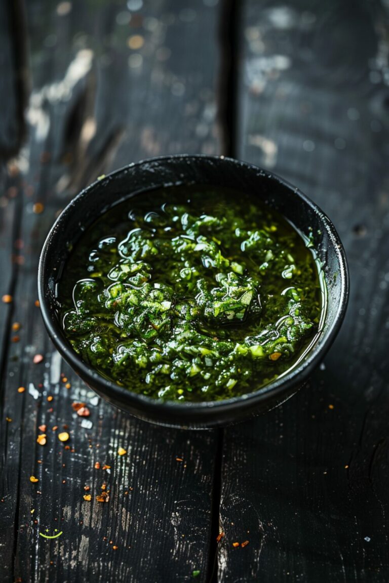 Top-down view of a bowl of green chile sauce on a dark, black wooden texture surface.