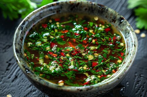 Top-down view of a bowl of Nước Chấm on a dark, black wooden texture surface.