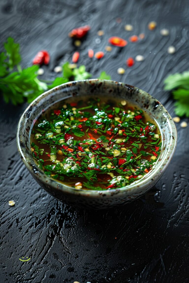 Top-down view of a bowl of Nước Chấm on a dark, black wooden texture surface.