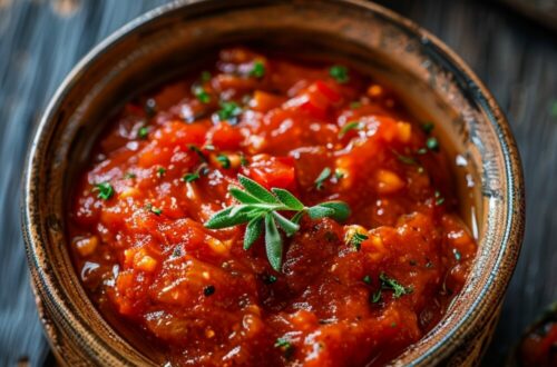 Top-down view of a bowl of rustic vegetable tomato sauce on a dark wooden table.