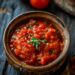 Top-down view of a bowl of rustic vegetable tomato sauce on a dark wooden table.