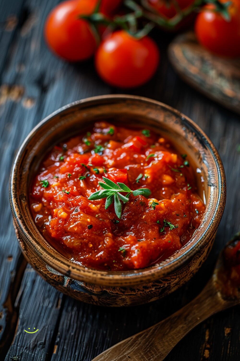 Top-down view of a bowl of rustic vegetable tomato sauce on a dark wooden table.